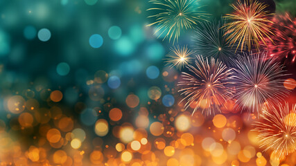 AI generated illustration of Happy New Year background with colorful fireworks and bokeh effect