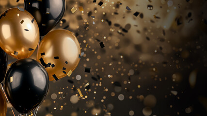 AI generated illustration of Happy New Year background with balloons, and confetti in black and gol