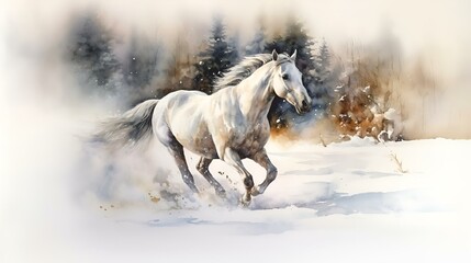 Fototapeta na wymiar AI generated illustration of a white horse running in the snow in watercolor