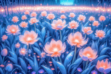 Obraz na płótnie Canvas AI generated illustration of a vibrant landscape of peach fuzz and blue tulips