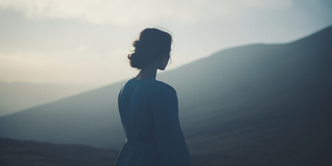 Woman in blue dress stands contemplative against a backdrop of hazy mountains