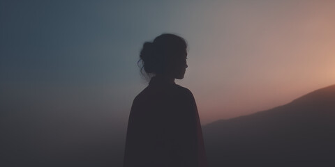 Woman's silhouette against a gradient dusk sky, evoking a sense of mystery and calm