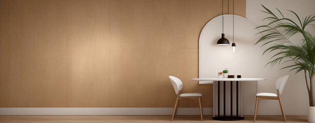 Obraz premium Interior design with wooden round table and chairs. Modern dining room, generative ai