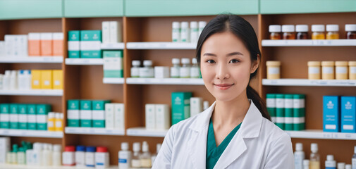 AI generated illustration of a female pharmacist standing behind the counter in a pharmacy - obrazy, fototapety, plakaty