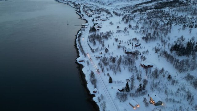 Aerial footage of Tromso, Norway. December 2023