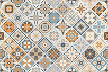 Gordijnen Seamless colorful patchwork tile with Islam, Arabic, Indian, ottoman motifs. Majolica pottery tile. Portuguese and Spain decor. Ceramic tile in talavera style. Vector illustration. © andrei
