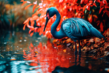 AI generated illustration of a flamingo standing in shallow water against red foliage