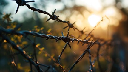 Fototapeta na wymiar Barbed wire. Steel fencing wire constructed with sharp edges or points arranged at intervals along the strands. Barb wire