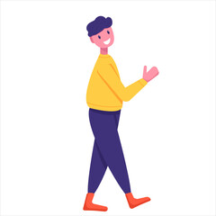 joyful man, guy walking in flat style on white background, vector