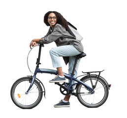 Young beautiful woman with bike isolated transparent PNG, Full length portrait of smiling student girl with bicycle, Modern healthy lifestyle, travel, casual business concept