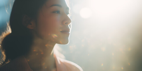 Young woman in profile, her serene expression enhanced by the soft, dappled light