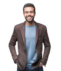 Portrait of handsome smiling young man isolated transparent PNG, Joyful cheerful casual businessman studio shot - 702698454