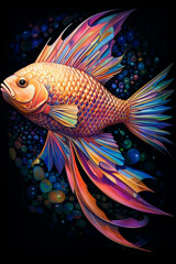An artistic rendering of a colorful fish, its scales shimmering with metallic wire textures.
