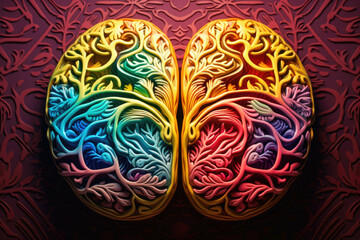 Two interlocked brain hemispheres, one being creative and the other being logical, both with intricate details and patterns, in a bright and vibrant color palette