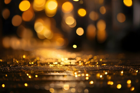 Golden bokeh, raining light, blurry lights, blurry background, gold confettis, yellow and orange, night lights, city lights, haze, depth of field
