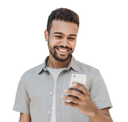 Young handsome man with smartphone isolated transparent PNG. Smiling student men looking at mobile...