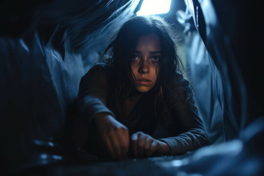 A teenage girl sitting in a tunnel, feeling lost and helpless