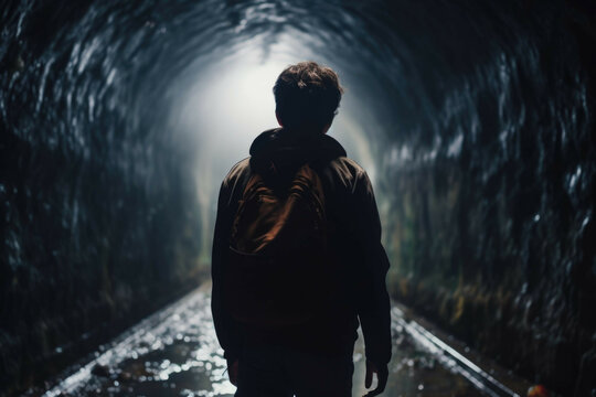 A teenage boy walking in a tunnel, feeling isolated and alone