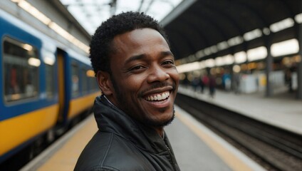 Happy black man at train station, smiling, leather jacket, urban commuter, public transportation, lifestyle, modern travel.