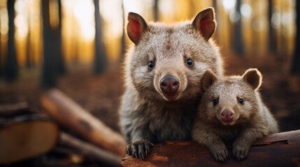 Intimate Family Portrait in Nature: Mother Wombat and Baby Share a Quiet Moment in Their Natural...