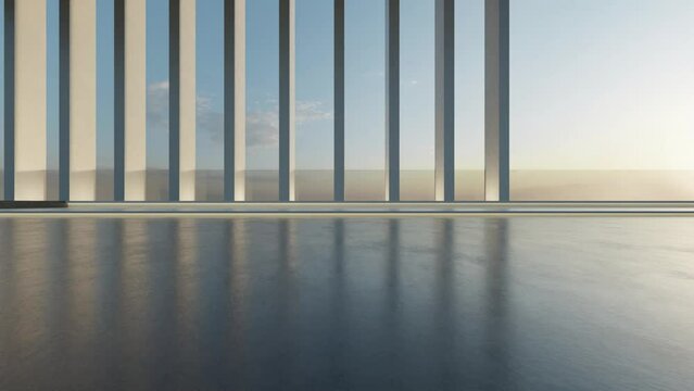 3d render of abstract futuristic glass architecture with empty concrete floor.