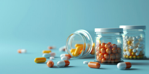 pills in a jar on a blue background Generative AI