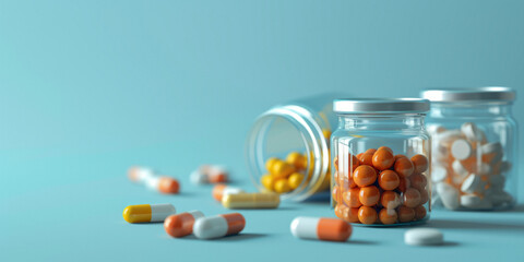 pills in a jar on a blue background Generative AI