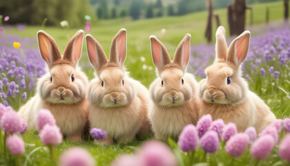 Obraz premium cute easter bunnies on a green meadow with painted eggs