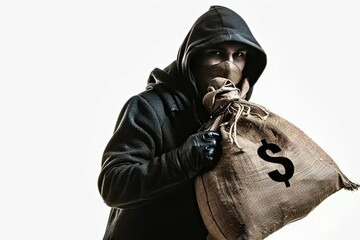 Financial threat. Dangerous criminal in mask stealing cash robbery concept. Banking burglar. Finance activity with thief in black hood. Economic risk. Dark background with dollar bills money - obrazy, fototapety, plakaty