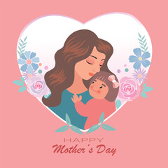 Minimal peach pink Mother's Day template in paper cut design. Young mother is cuddled by daughter. Concept of diverse family.