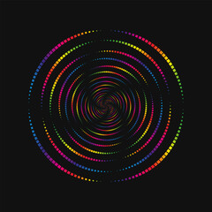 Halftone point vortex on dark. Abstract futuristic digital technology logo element. Vector geometric shape.