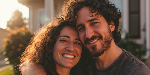 portrait of a young couple in front of their new home Generative AI - obrazy, fototapety, plakaty