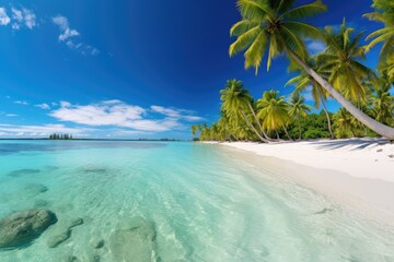 A panoramic view of a tropical beach with turquoise waters and palm trees 