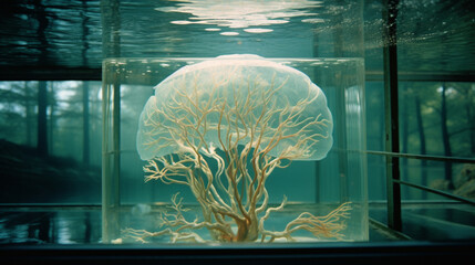 A creative depiction of a transparent brain with an aquatic ecosystem inside, symbolizing the mind's depth.