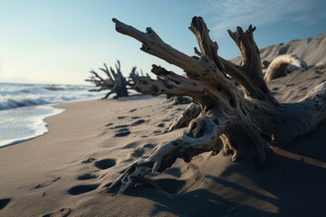 a beach with driftwood, with its intricate shapes and textures creating a unique contrast against the sand and sea