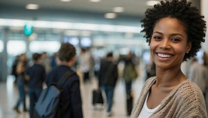 Cheerful black woman with a beaming smile stands in a lively airport setting, her casual yet sophisticated look harmonizes with the energy of travelers and the ambiance of modern transit hubs.