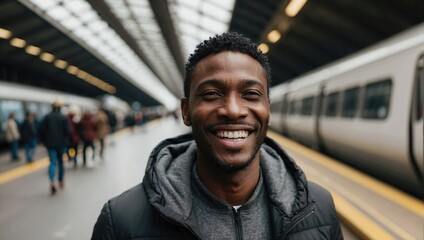 Radiant black man with a contagious smile stands at a bustling train station, jacket zipped up against a blurred train and crowd background, embodying urban commuting with a cheerful demeanor. - obrazy, fototapety, plakaty