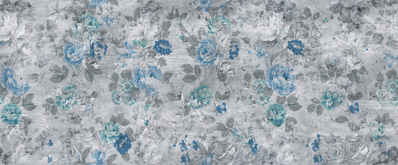 blue flowers pattern with cement texture background