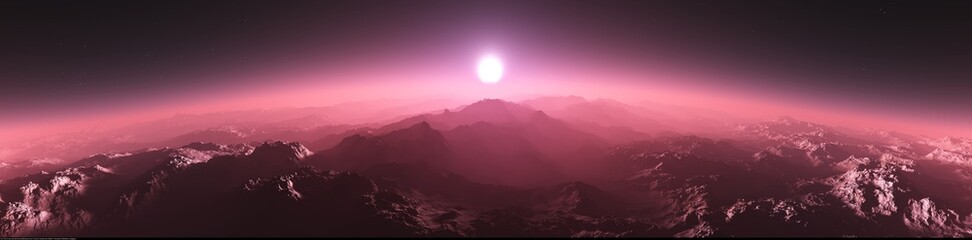 Panorama of Mars at sunset, sunrise above the surface of Mars, Martian landscape, 3d rendering