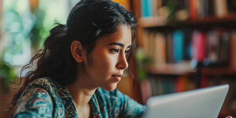 girl works at the computer remotely Generative AI - obrazy, fototapety, plakaty