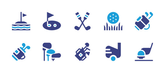 Golf icon set. Duotone color. Vector illustration. Containing golf bag, golf, golf stick, golf sticks, golf field, golf ball.