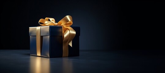 Black box with gold ribbon on black background with copy space