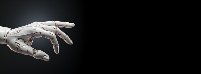 Close up of a white robot hand on a black background. Concept of technology and development with...