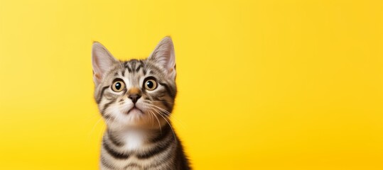 Portrait of a cheerful cat on a yellow background with copy space