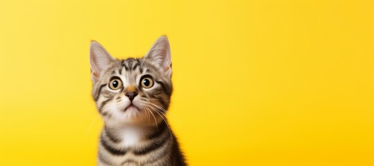 Obraz premium Portrait of a cheerful cat on a yellow background with copy space