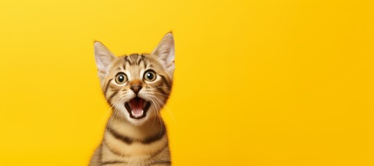 Portrait of a cheerful cat on a yellow background with copy space