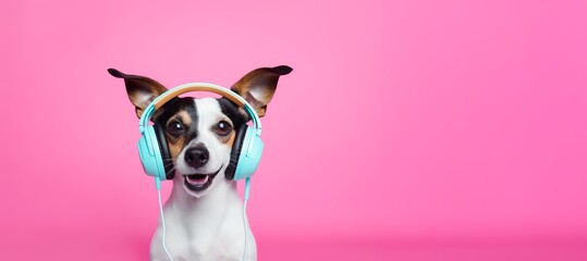 Portrait of a funny dog in headphones on a trendy color background with copy space