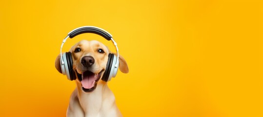 Portrait of a funny dog in headphones on a trendy color background with copy space - Powered by Adobe