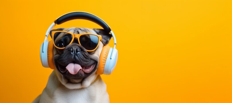 Portrait of a funny dog in headphones on a trendy color background with copy space