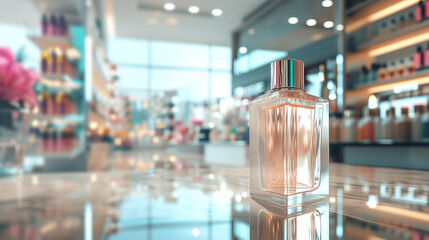 Perfume bottle on store window, scent of luxury